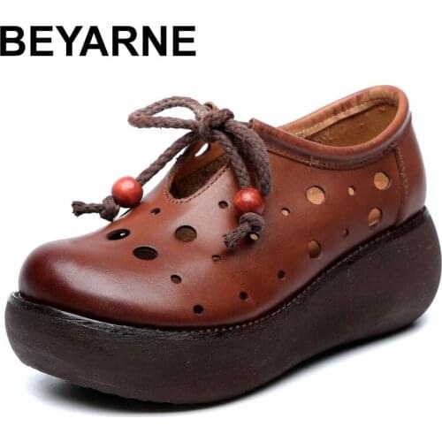 BEYARNE Handmade Vintage Summer Shoes Women Platform Shoes 100% Genuine Leather Breathable Slip On Ladies Platform Shoes