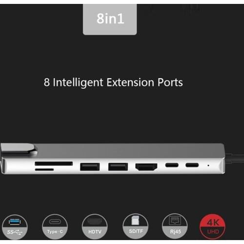8 in 1 Type-C Hub For MacBook Pro Air Multi Port HD USB 3.0 Adapter PD Charging SD & TF Card Reader Aluminum Alloy RJ45 Adapter