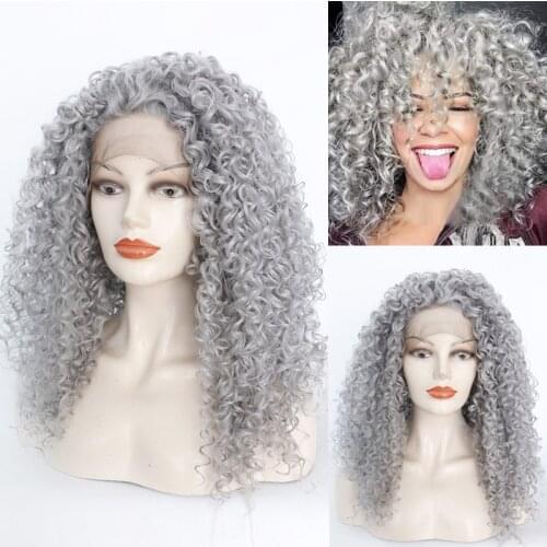 High Density Afro Kinky Curly Hair Silver Grey Synthetic Lace Front Wigs Natural Heat Resistant Fiber Women Hair Cosplay Wigs