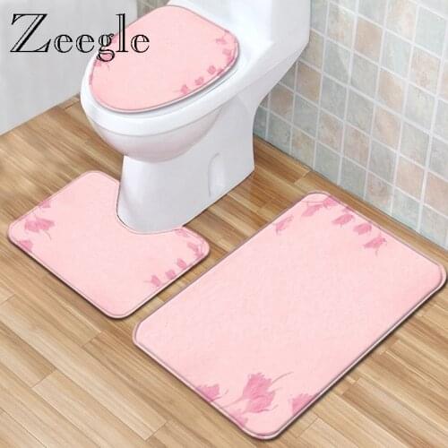 Zeegle Printed Bathroom Mat Bath Mat Set Anti-slip Shower Room Floor Rug 3pcs Toilet Rug Set Modern Carpet Flannel Soft Foot Mat