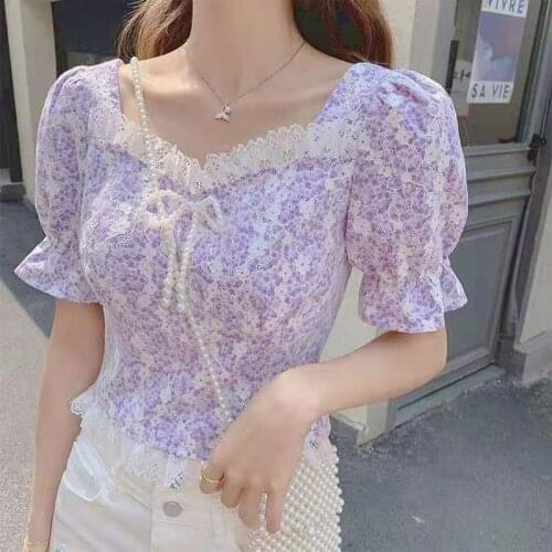 Floral Elegant Blouse Female Summer 2021 Purple Sweet Cute Korean Style Top Women Lace Slim High Street Casual Shirts Boho Print