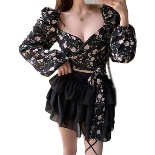 Womens Floral Print V Neck Blouses Bandage Sexy Exposed Navel Long Sleeves Chiffon Shirts Tops 2021