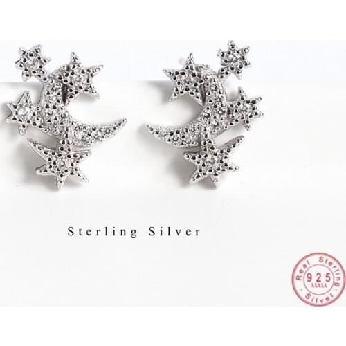 925 Sterling Silver Pavé Crystal Star Moon Stud Earrings Women Fashion Simple Party Jewelry Accessories Girlfriend Gifts