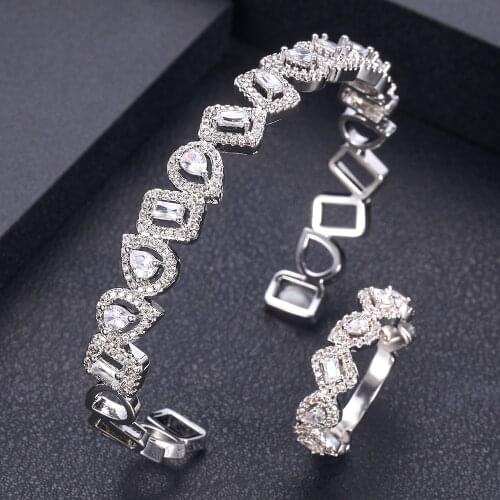 Jankelly Luxury roundshape Bangle Ring Sets Fashion Dubai Silver Bridal Jewelry Sets For Women Wedding brincos para as mulheres