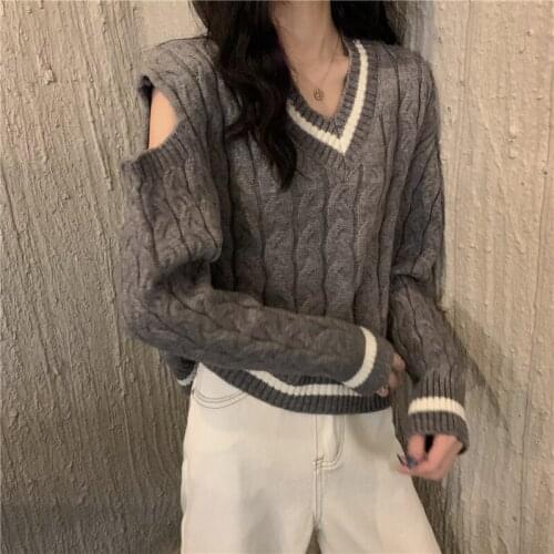 2020 autumn new pullover sweater women loose outer wear hollow strapless long-sleeved short V-neck sweater