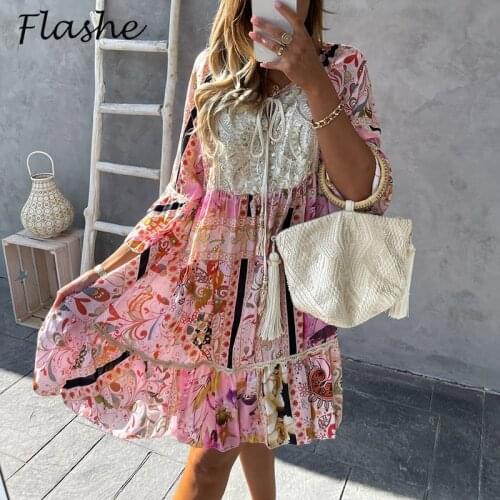Sping Summer Floral Print Dress Women O Neck Ruffle Lace-up Sundress Boho A Line Beach Party Dress Loose Beach Dresses