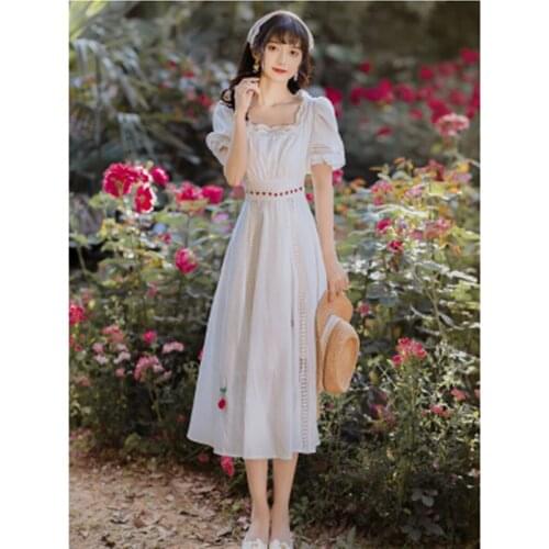Retro French Women Square Collar White Embroidery Holiday Long Dress 2021 Summer Ladies Elegant Runway Evening Vestidos Mujer