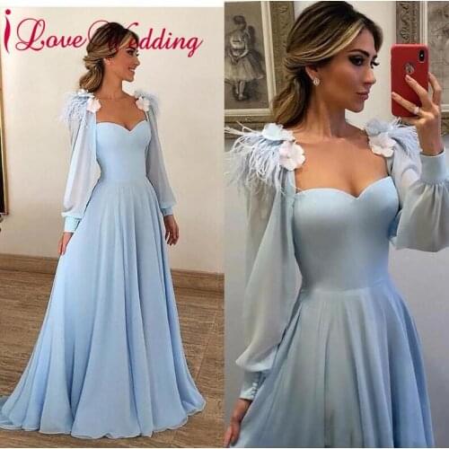 New Arrival Sweetheart Long Sleeves Sky Blue Chiffon Prom Dress Custom made A Line vestidos de festa Long Prom Gown