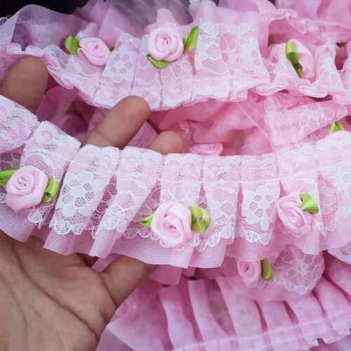 1Yard Guipure Pink Rose Lace Ribbon Trim Chiffon Material 5cm Embroidery Lace Fabric Sewing Accessories For Trimmings Dress LE17
