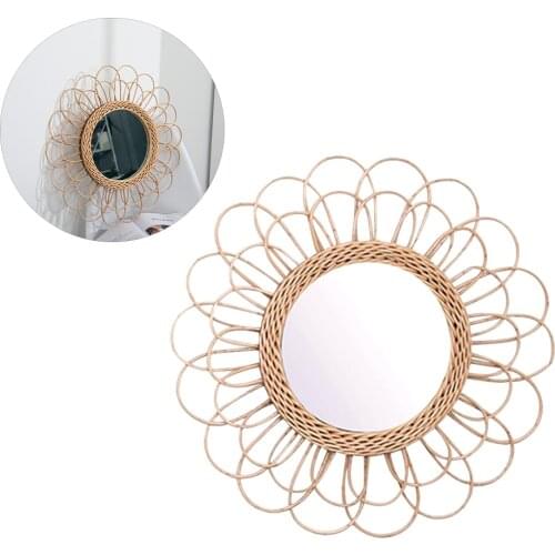 40cm Hanging Mirror Rattan Sunflower Circular Wall Mirror Decor Boho Wicker Dressing Makeup Mirrors