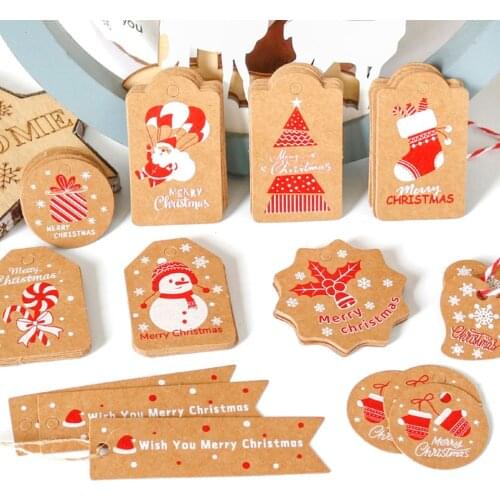 50PCS White Red Christmas Series Kraft Paper Tags With Rope Santa Claus/Snowman Hanging Labels for Xmas Gift Wrapping Supplies