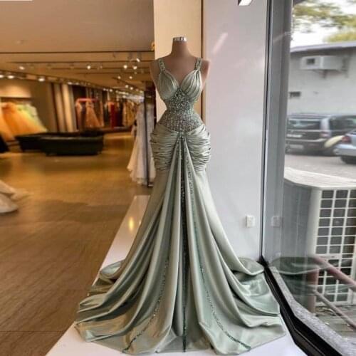 Silver Gray Satin Mermaid Prom Dresses Beaded Satin Pleats Evening Gowns Saudi Arabia Sweep Train Robe De Soiree Cusotm Made