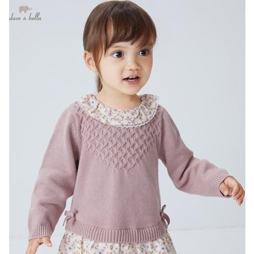 DBJ19261 dave bella autumn baby girls cute bow floral sweater dress children fashion party dress kids infant lolita clothes