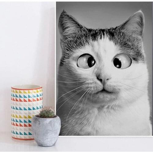 Funny Lovely Cat Big Eyes Kitty Canvas Painting Posters Prints Black and White Animal Wall Art Pictures for Kids Room Home Decor