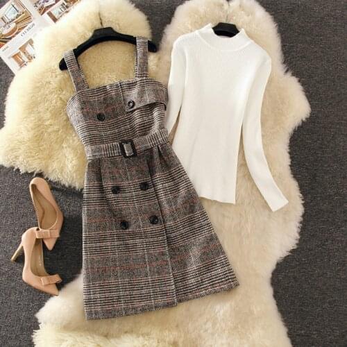 Autumn Winter New Fashion Streetwear Two Piece Sets Sweater Wool Knee-Length Plaid Dresses Belt Elegant Party Suit Vestidos