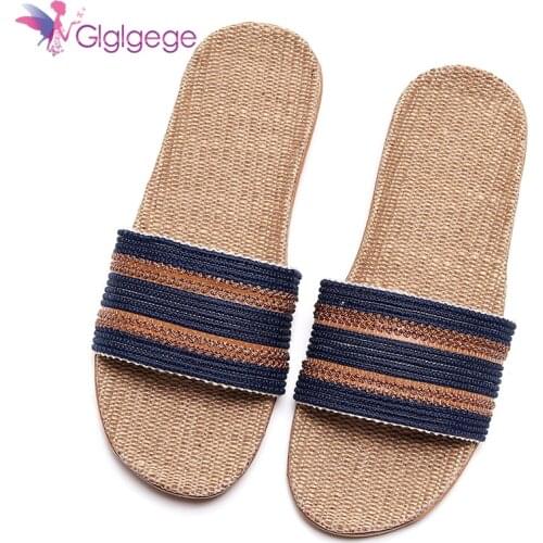GL Summer Flax Home Slippers 2019 Women Shoes Indoor Linen Slippers Lightweight Beach Footwear Unisex Couple Sandals Plus Size