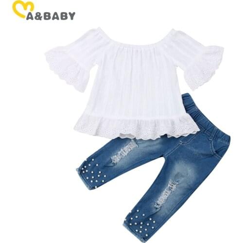 Ma&Baby 9M-5Y Autumn Spring Toddler Kids Baby Girls Clothes Sets Ruffles White Tops Pearl Denim Pants Jeans Outfits Set