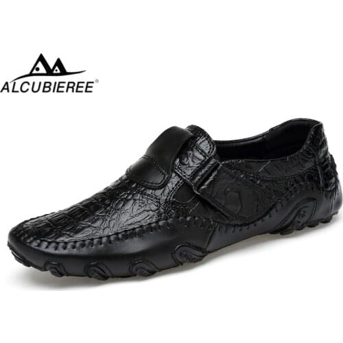 ALCUBIEREE Fashion Mens Loafers Men Slip On Breathable Driving Shoes Genuine Leather Moccasins Mens Casual Shoes Big Size 46 47