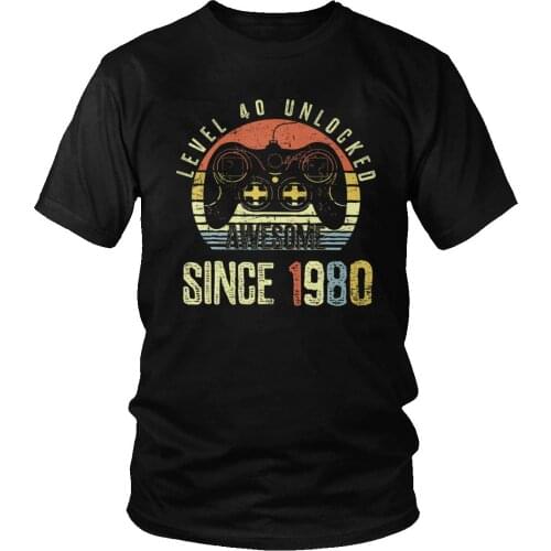 Male Vintage Since 1980 Level 40 Unlocked Video Gamers T Shirt 40th Birthday Gift T-Shirt Short Sleeved Cotton Print Tshirt Top