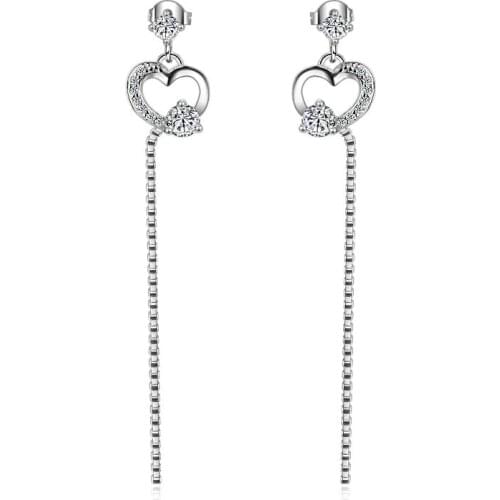 New Fashion 925 Sterling Silver Shiny Crystal Love Heart Women Wedding Gift Ladies`tassels Stud Earrings Jewelry Anti Allergy