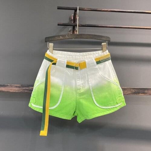 High waist Denim Shorts Women Pocket Fashion Gradient Color Jeans Shorts Female Casual Loose Wide leg Short Pants Jeans Summer