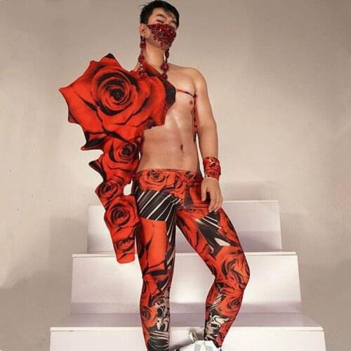 Dance Group Show Stage Wear Red Rose Sleeve Shoulder Pants Festival Rave Clothing Bar Nightclub Show Performance Costume