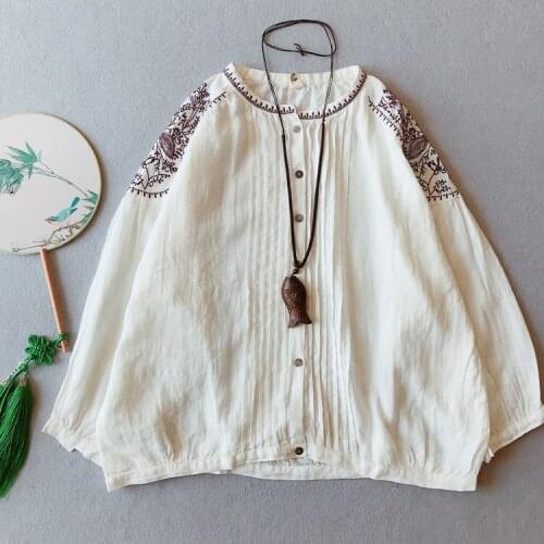 O neck Women T shirt Embroidery Cotton Linen Long-sleeved Pullovers Vintage Fashion Casual Basic Blouse Female YoYikaomo