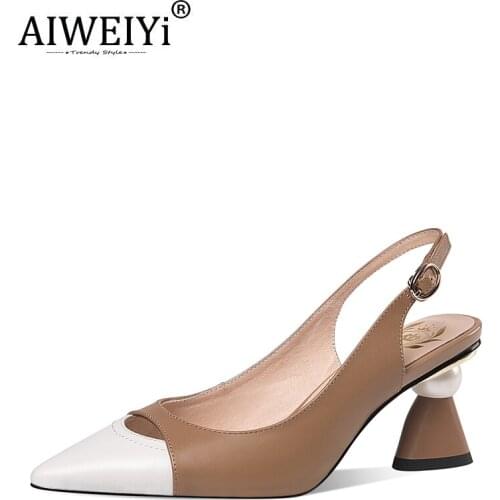 AIWEIYi Closed Toe Sandals Women Summer Genuine Leather Pointed Toe High Heels Four Seasons Single Shoes Thick High Heels