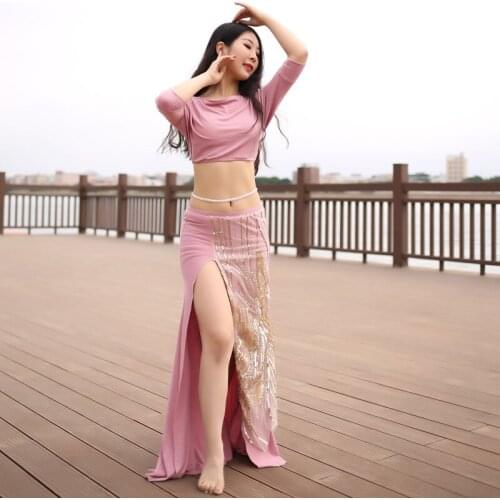 Belly dance suit training clothes female women adult oriental dance group performance costumes sequined top and skirt two piece