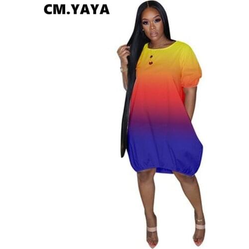 CM.YAYA Women Dress Print Gradient Short Sleeve O-neck Loose Midi Dresses Fashion High Streetwear Summer Outfits 2021