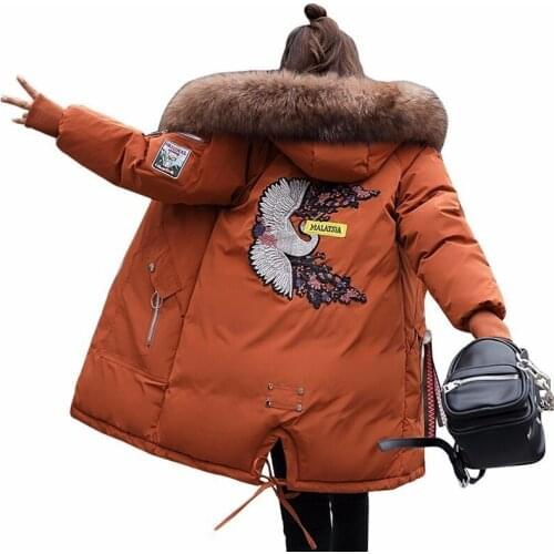 Winter Thickening Parkas Fur Collar Women Cotton Coat Fashion White Crane Embroidery Windbreaker Plus Size Female Jacket PJ220