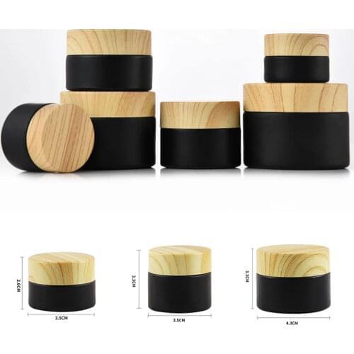 1PC Matte Black Glass Empty Jar With Wood Grain Lid Travel Cosmetic Face Cream Container Lip Balm Refillable Bottle 5G-50G