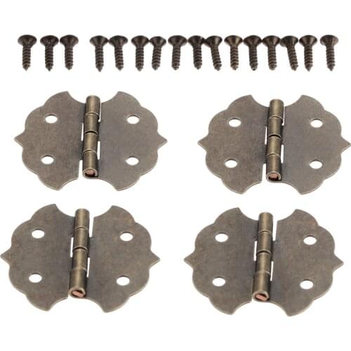 4Pcs Zinc Alloy Antique Flower Cabinet Door Hinge Butt Hinges Jewelry Boxes Decorative Hinge 4 Holes Furniture Fittings