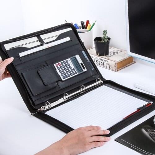 A4 PU Leather Business Padfolio Calculator File Folder Zipper Document Briefcase Bag Card Memo Pad Organizer Binder Notepad