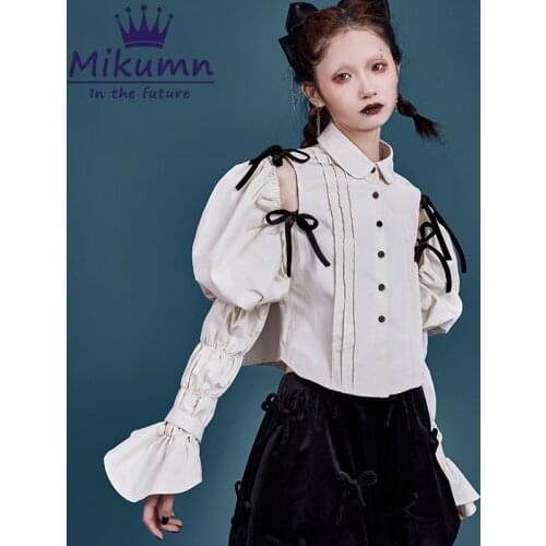 Japanese Harajuku Girls Solid Color Vintage Puff Sleeve Blouse Women Fashion Hollow Out Design Bow Gothic Lolita Shirts Tops
