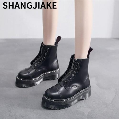 2021 Fashion Women Platform Boots Chunky Motorcycle Ankle Booties Female Leather Zipper Round Toe Boots Ladies Shoes Botas Mujer