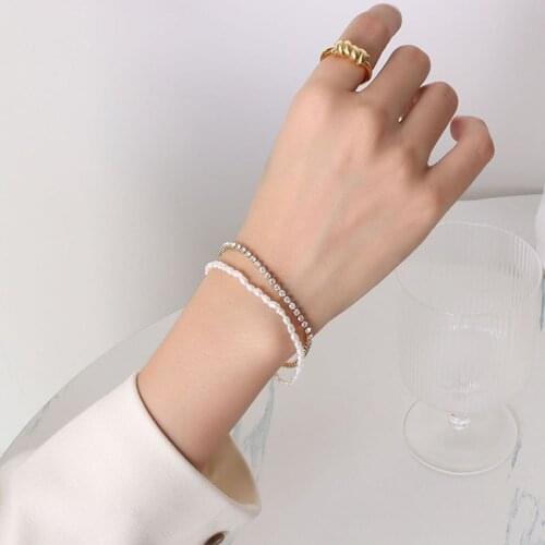 Double Chains Natural Freshwater Pearl Crystal Bracelets On Hand, Gold Plated Stainless Steel Bracelet For Women Jewelry