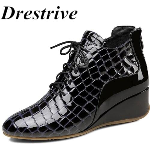 Drestrive Wedges Lace Up Women Ankle Boots Zipper Round Toe Cow Leather Crocodile Pattern Black Size 42 Females Mid Heel Shoes