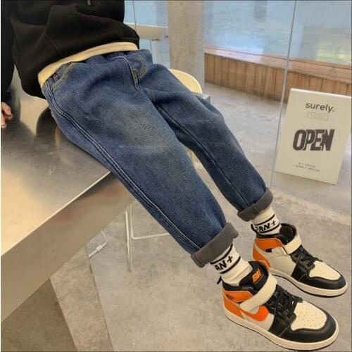 Boys Spring/Autumn/Winter Velvet Thicken Jeans Childrens Stylish High Quality Label Loose Comfortable Denim Trousers 100-160cm