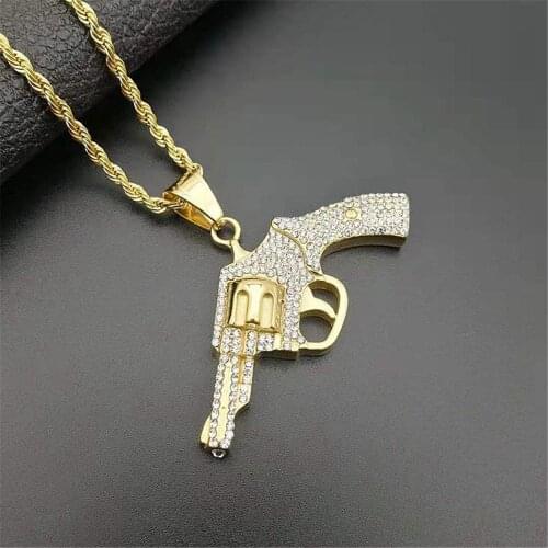 Hip Hop Revolver Pistol Gun Shape Pendant Necklace Gold Color Iced Out Cubic Zirconia Chain Mens Rock Jewelry Gift Dropshipping