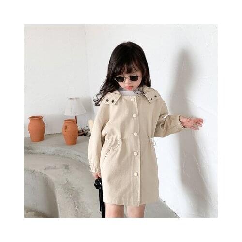 Girls' Jacket 2021 Spring New Korean Style Long Drawstring Hood Jackets Baby Waist Male and Children Windbreaker Tooling Coats