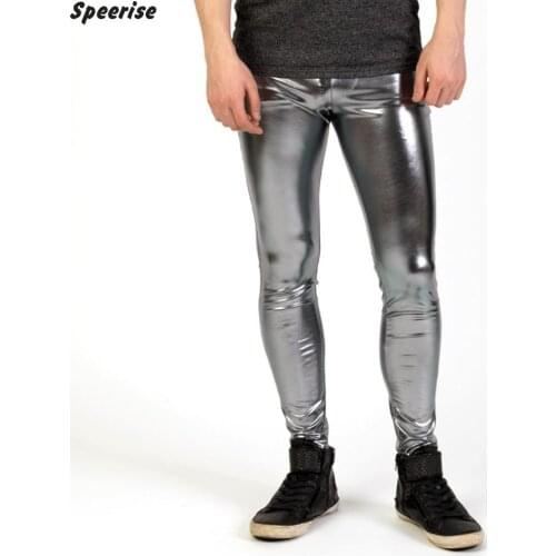 Men Sexy Shiny Leggings Metallic Spandex Full Length Man Silver Leggings Tights Skinny Pencil Pants Nightclub Stage Performance