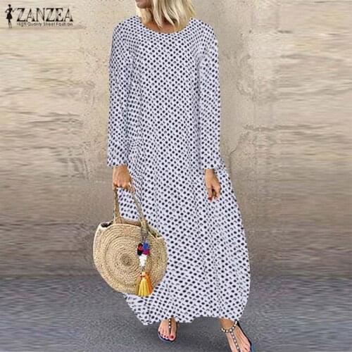 Fashion Polka Dot Print Maxi Dress Womens Autumn Sundress ZANZEA 2021 Bohemian Long Sleeve Tunic Vestidos Female O Neck Robe