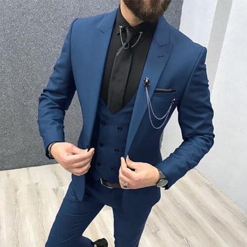 2020 Three Piece Black Blue Men Suits Peaked Lapel Custom Made Wedding Tuxedos Slim Fit Male Suits (Jacket + Pants + Vest)