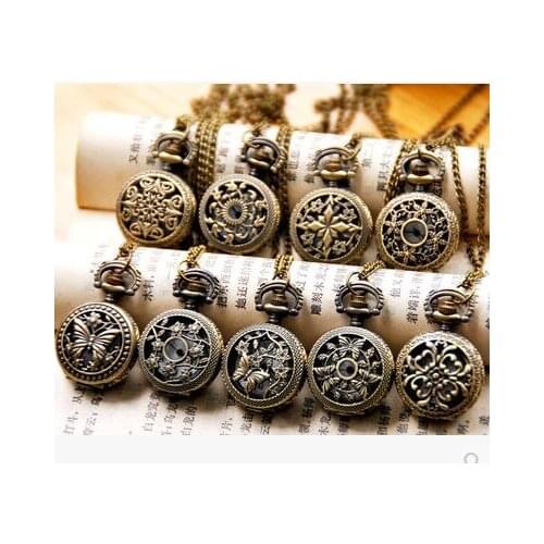 Wholesale Vintage Bronze Small Flower Pocket Watch Necklace, 12 design mixed ,20pc/lot PLJ52