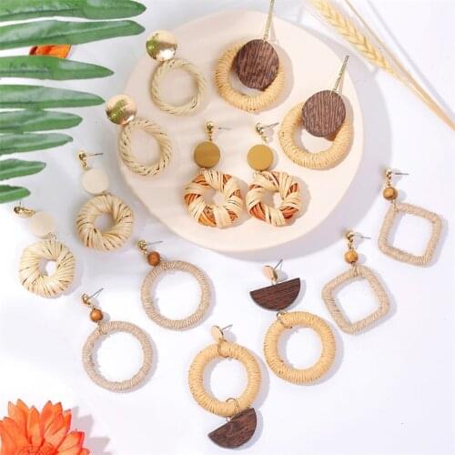 Simple Boho Handmade Linen Rattan Straw Weave Wooden Drop Earrings For Women 2019 Fashion Round Square Geometric Hanging Earring