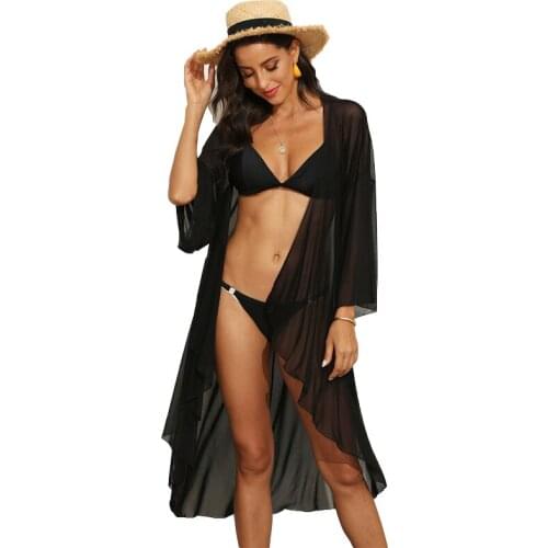 Sexy Black Bikini Cover Up Chiffon Beach Swimwear Women Cover-Up New Beachwear Long Tunics Beach Cardigan Bathing Suit Cover-Ups