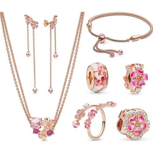 2019 NEW 100% 925 Sterling Silver Rose Gold Plant Colorful Cool Flower Pattern Charm Fit European DIY Bracelet Jewelry Women