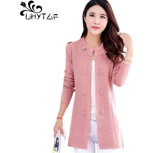 UHYTGF Sweater woman fashion double-breasted spring autumn sweater coat Long sleeve knit cardigan sweaters female pull femme 465