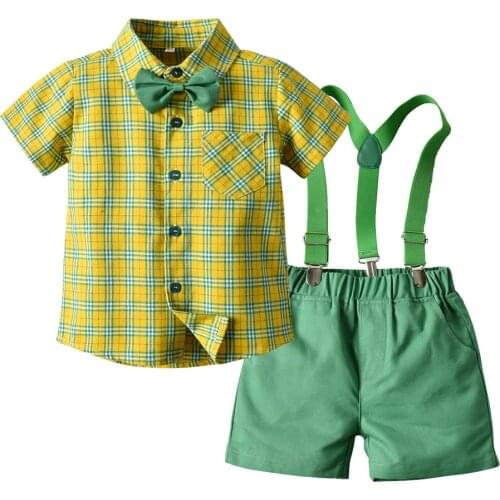 Top and Top Baby Boy Cotton Clothing 2Pcs Sets Casual Plaid Shirts+Suspender Short Trousers Infant Outfits Babies Costume Suit